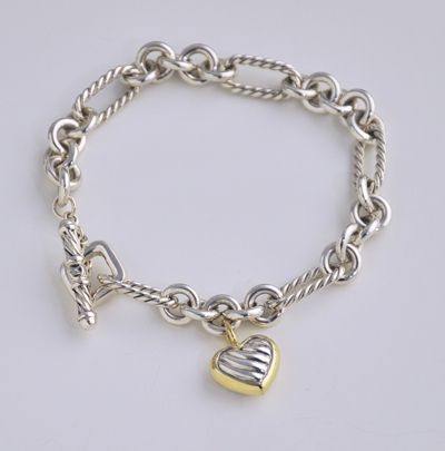 David Yurman cable heart charm figaro sterling silver 18k bracelet 395
