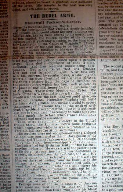  Newspaper Stonewall Jackson Dead w Long Detailed Obituary