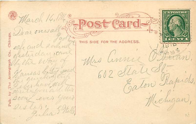 IMPRINT FROM POSTAL CANCEL AND SOME POSTAL INK ON FRONT OF CARD