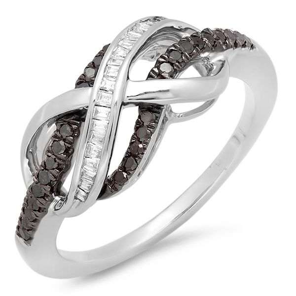  Silver Black White Diamond Ladies Swirl Infinity Two Tone Ring