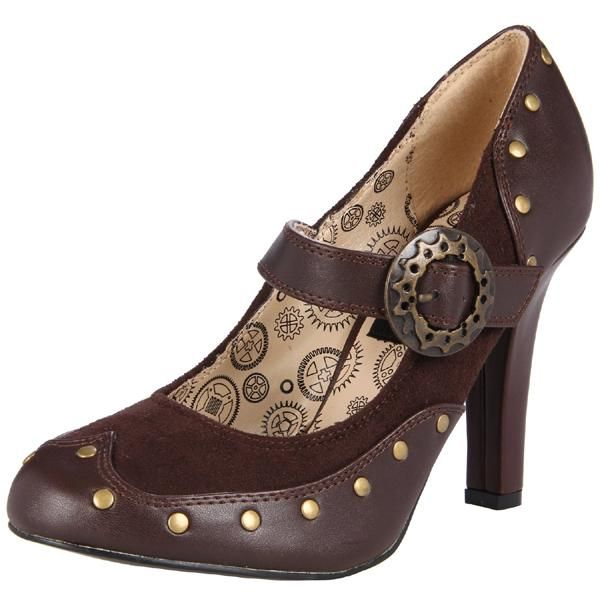 Demonia High Heel Brown PU 3 5 Steampunk Pump Gear Buckle Tesla 03 BN