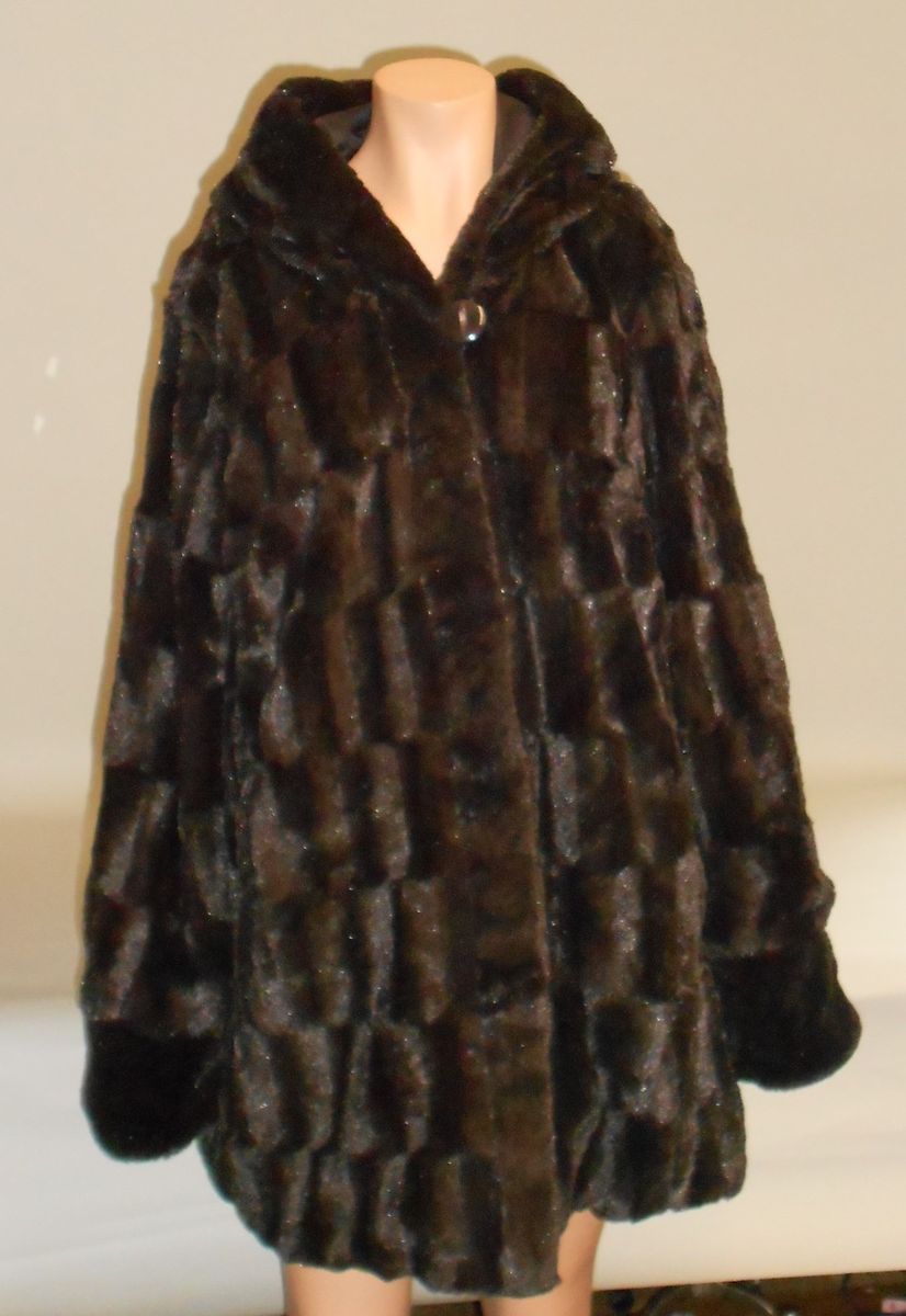 New Dennis Basso Reversible Textured Faux Fur Hooded Coat Chocolate