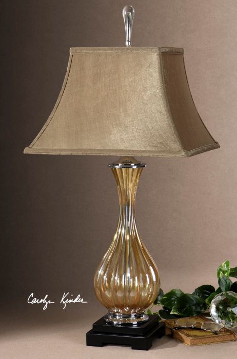 Glamorous Designer Fluted Golden Glass Table Lamp Silken Bell Shade