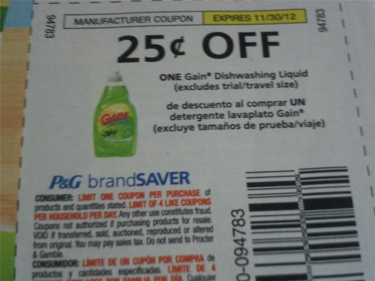 15 Coupons $ 25 1 Gain Dishwashing Liquid 11 30 2012
