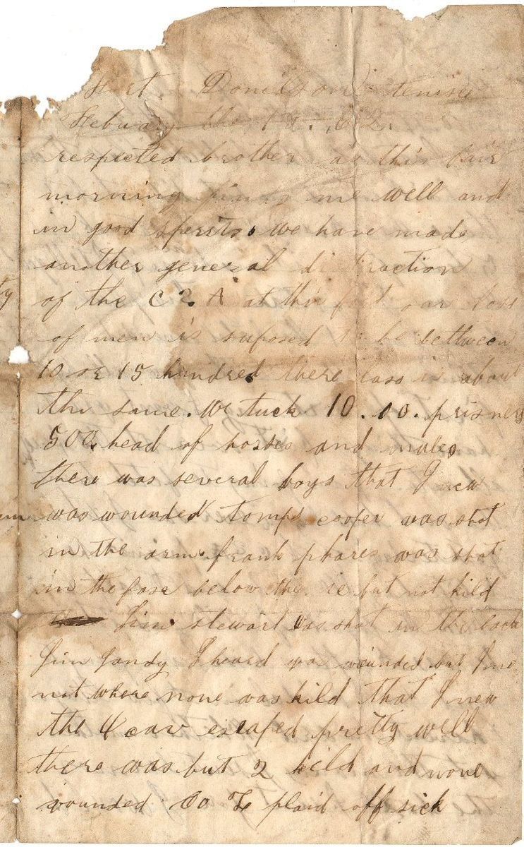 1862 Fort Donelson Tennessee Civil War Letter John D Kirby 4th
