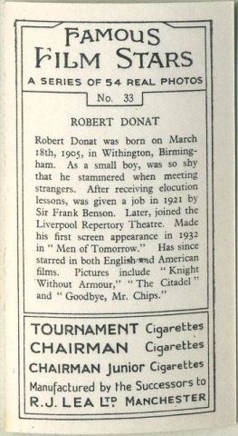 Robert Donat 1939 RJ Lea Movie Star Tobacco Card