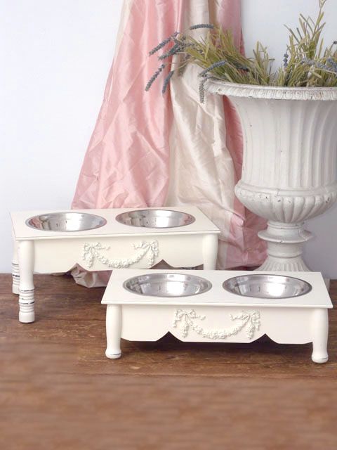 Shabby Cottage Chic 4 Raised White Pet Dog Cat Feeder