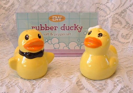  Ceramic Boy & Girl Yellow Rubber Ducky Duck Salt & Pepper Shaker Set