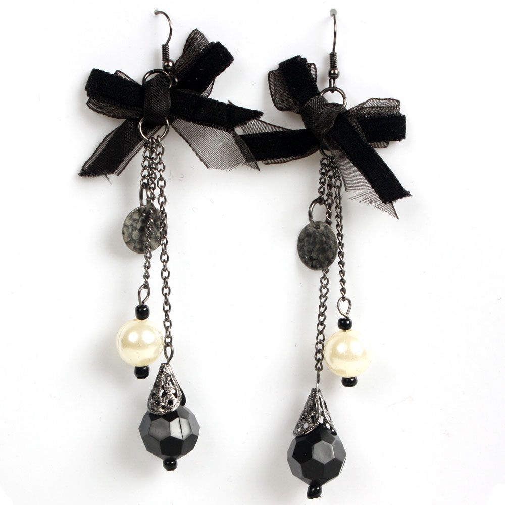 Black Velvet Bow Dangle Beads Pearl Goth Punk Earring