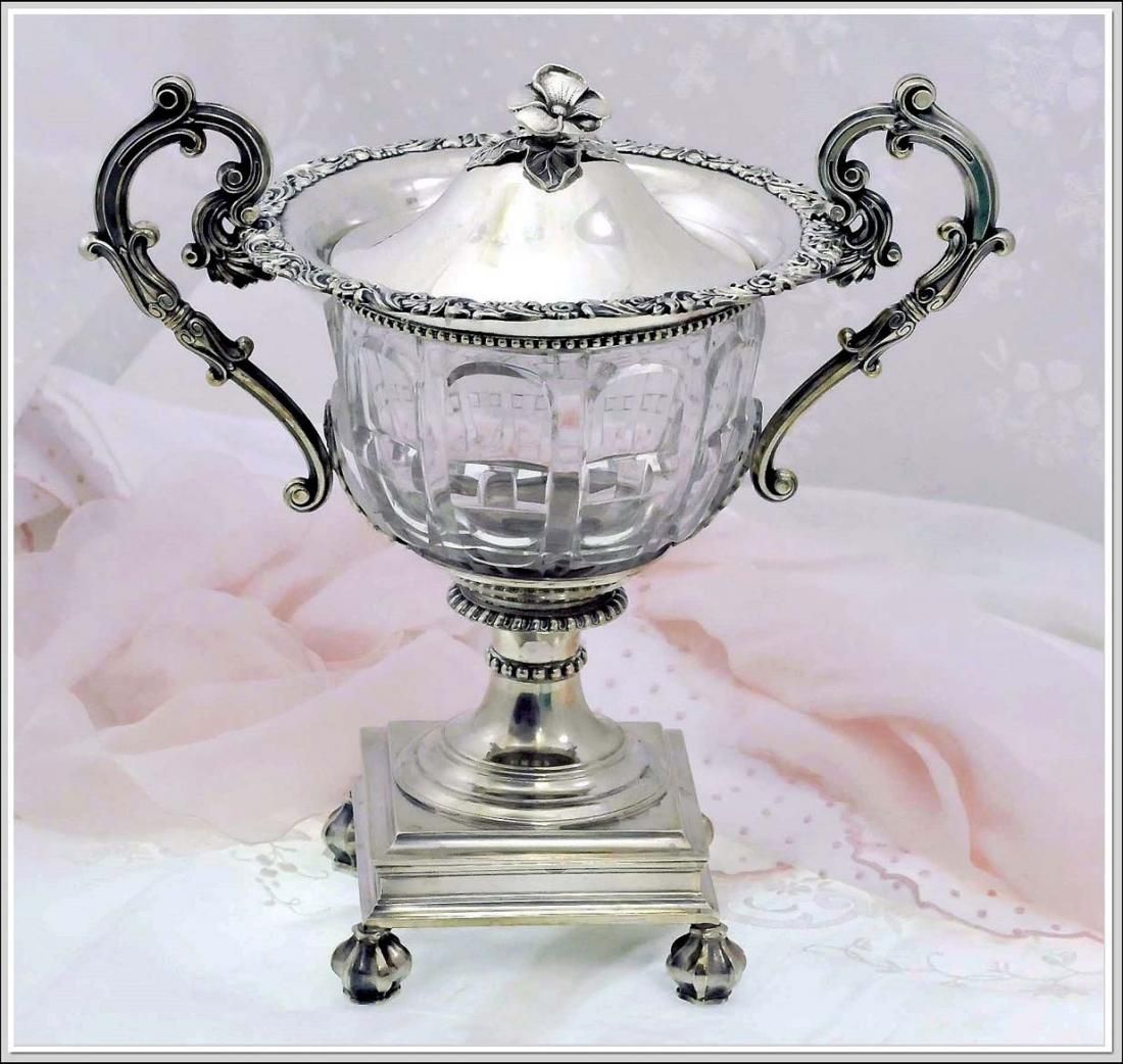 Majestic Antique French Sterling & Crystal Drageoir, Confituruer