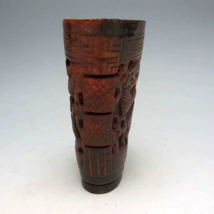  Chinese 100 Ox Horn Hand Carved Dragon Jiao Cup NR PC1631