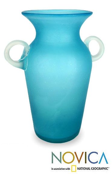 Aquamarine Large Blue Hand Blown Art Glass Vase Novica Mexico Unique