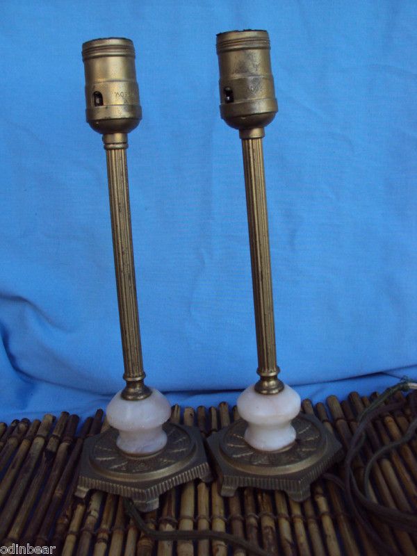 Antique Bronzed Cast Iron Table Candle Lamps w Pink Stone Quartz