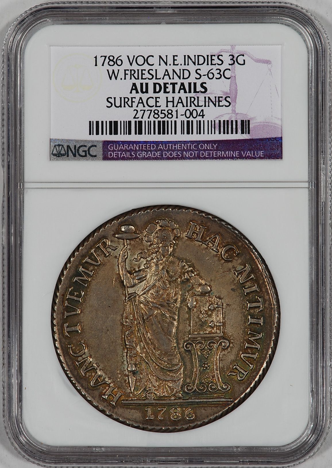 1786 Netherlands East Indies Silver 3 Gulden VOC NGC AU Details