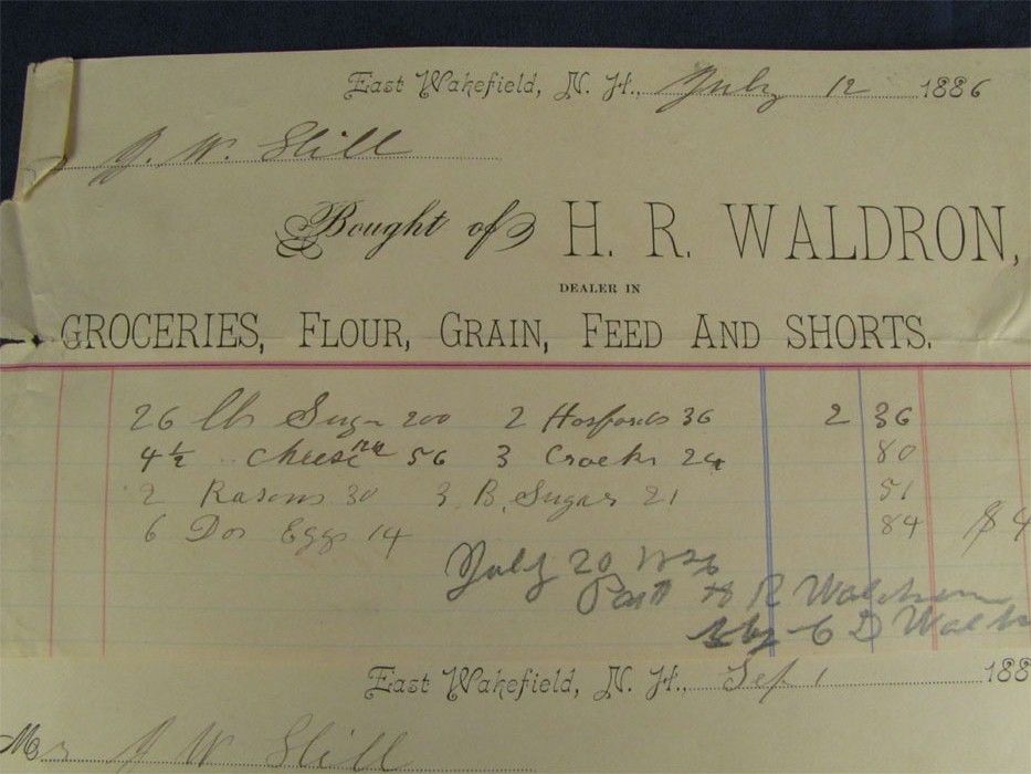 Grocery Receipts H R Waldron East Wakefield NH 1886