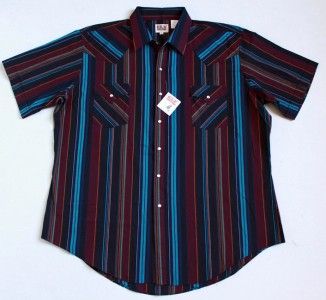 Ely Cattleman Western SS Black Aqua Stripe Pearl Snap Shirt Mens 2XL