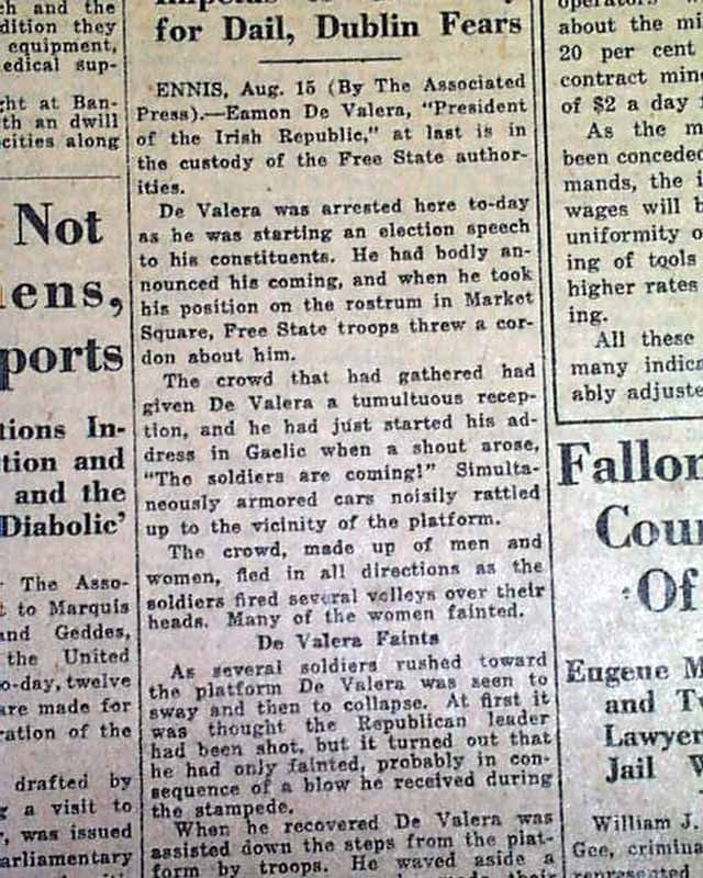 Eamon de Valera Ireland Leader Irish Free State Arrested 1923 NYC Old