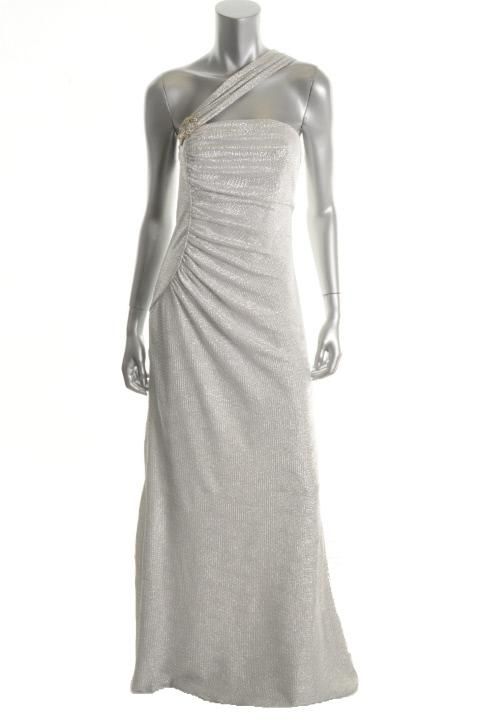 David Meister New Silver Metallic Embellished One Shoulder Formal