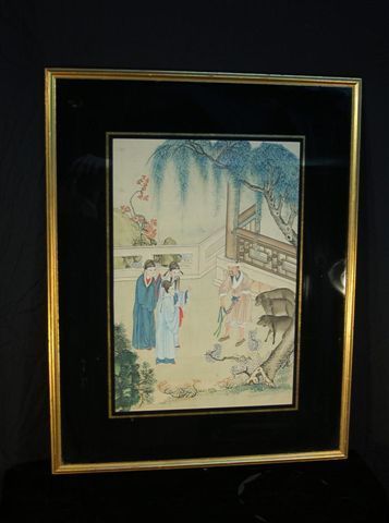  Chinese Watercolor Silk Scroll Painting Elders Farmers w Pigs Eglomise