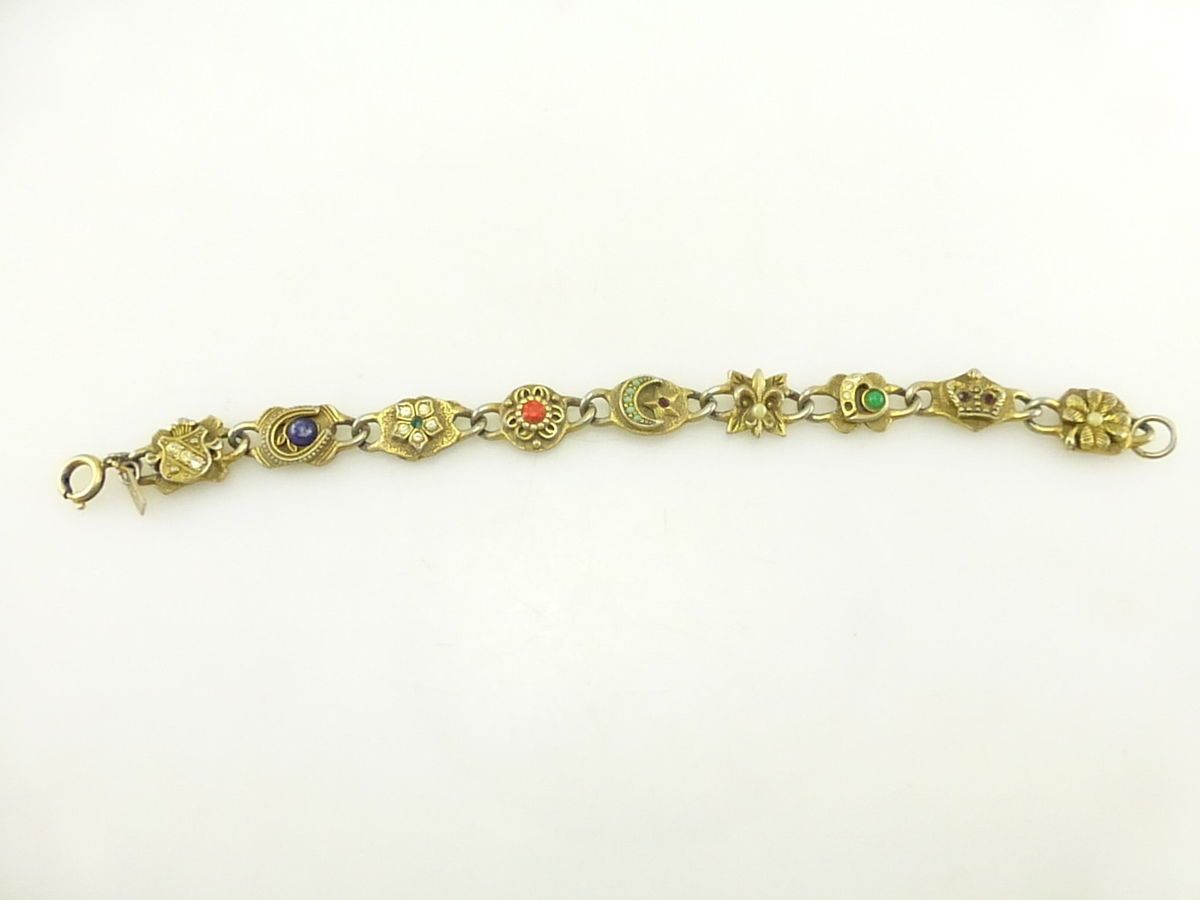 Vintage Signed Emmons Gold Tone Rhinestone Gemstone Charm Bracelet R