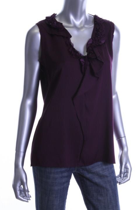 Elie Tahari New Sonja Purple Silk Ruffled Front Sleeveless Top Blouse