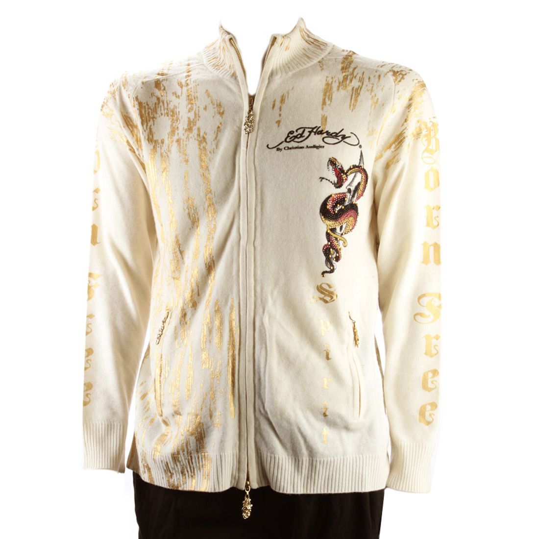 Ed Hardy White Mens Rhinestone Fire Snake Sweater