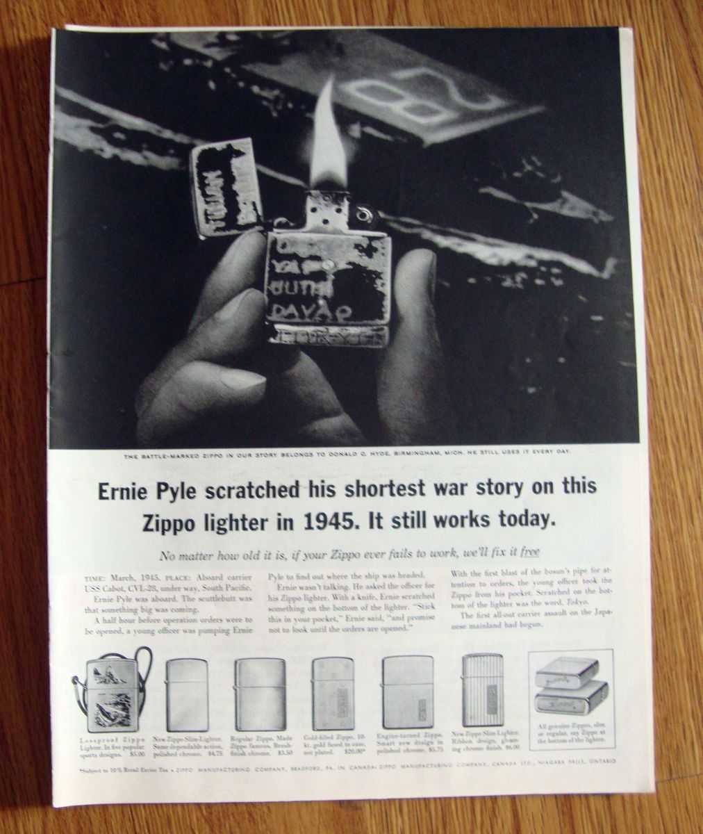 1961 ZIPPO Lighter Ad Ernie Pyle Shorted War Story Belongs Hyde