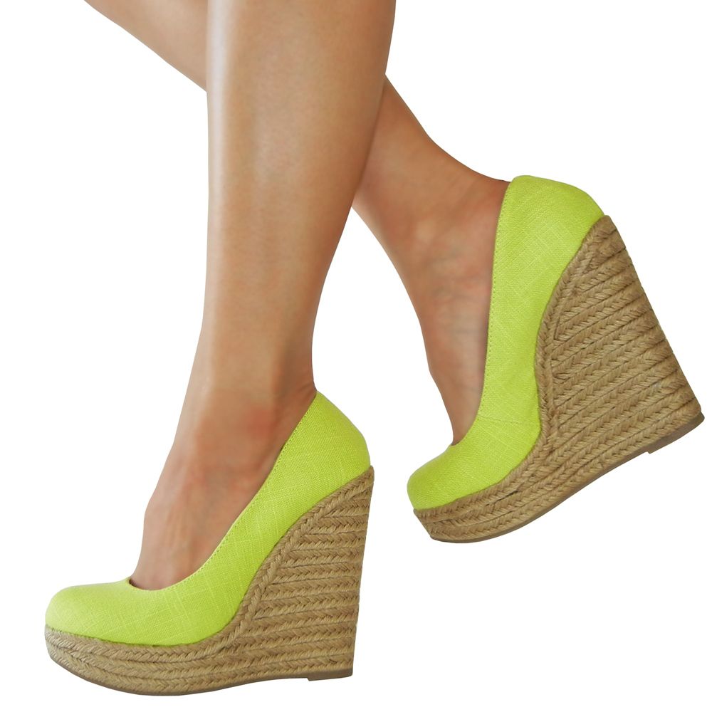 Style Focus Vivid Color Canvas Espadrille Platform Wedge Pump Yellow