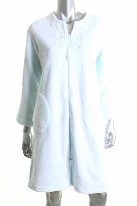 Miss Elaine New Blue Embellished Neck Long Sleeves Zip Up Short Robe