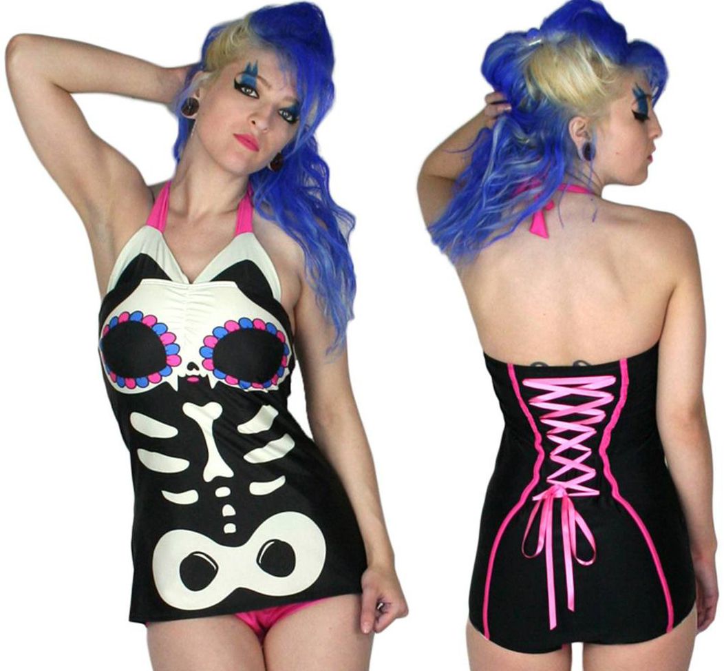 Zombie Kitty Swimsuit Dress Pinup Rockabilly Goth Punk Top Lolita Too