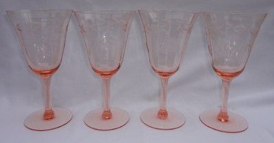 Set 4 Vintage Pink Depression Glass Optic Etched Floral Water Wine