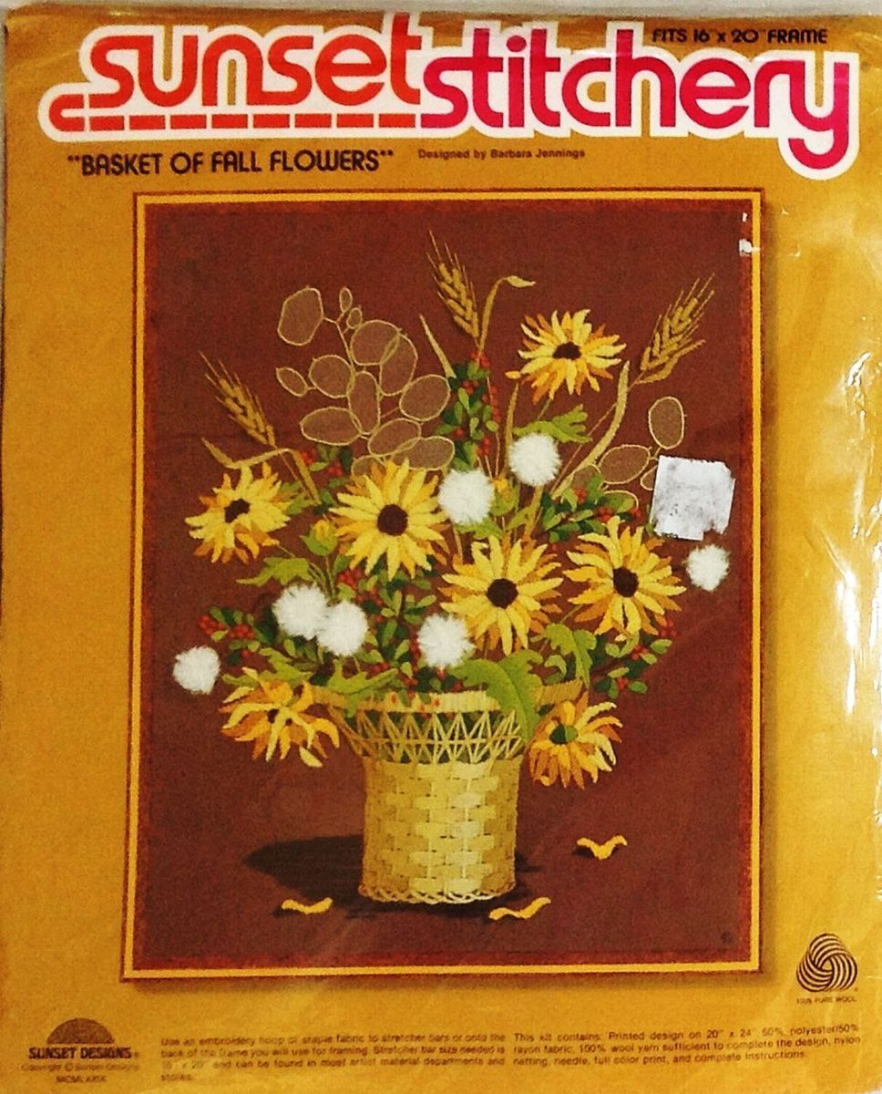 Basket of Fall Flowers Crewel Embroidery Kit Vintage Sunset Stitchery