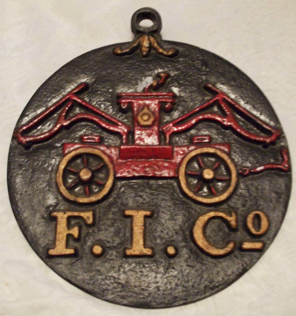 F I Co Fire Mark Cast Iron Sign Hand Engine