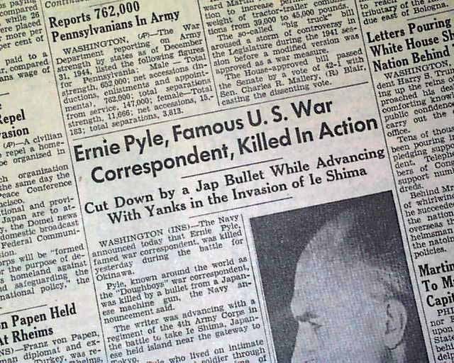 1945 World War II Newspaper Ernie Pyle American Journalist Killed