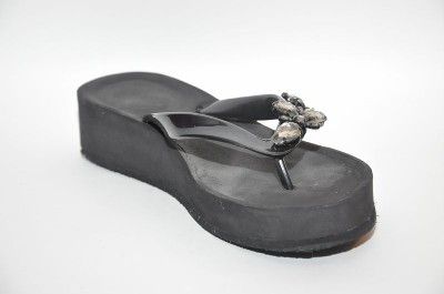 BCBGeneration Fifi Black Jeweled Thong Wedge Flip Flop Sandal Women