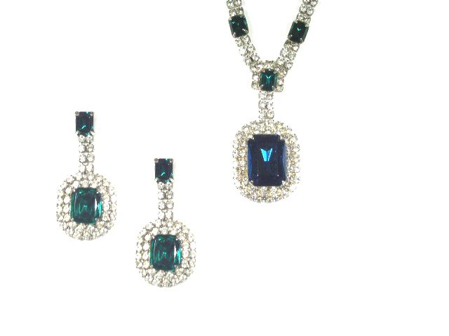 Vtg Faux Emerald Diamante Deco Era Necklace Earring Set