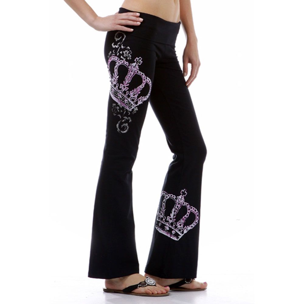 Pink Crown Rhinestone Tattoo Print Casual Yoga Pants S Size