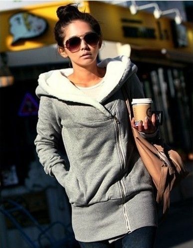 Gray Japan Korea Fashion Girl Women Zip Up Hoodie Double Zip Up