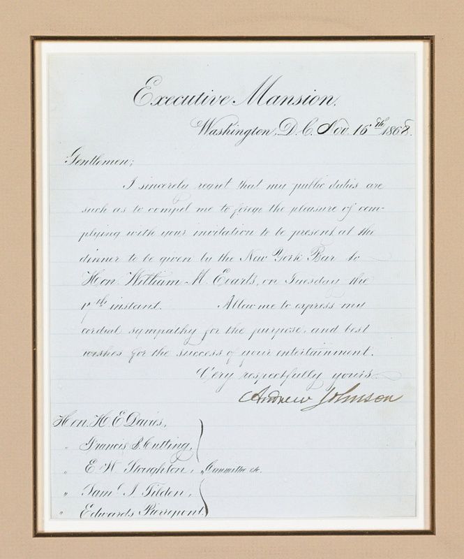 Andrew Johnson Letter Signed as President as Fine An Example as Weve