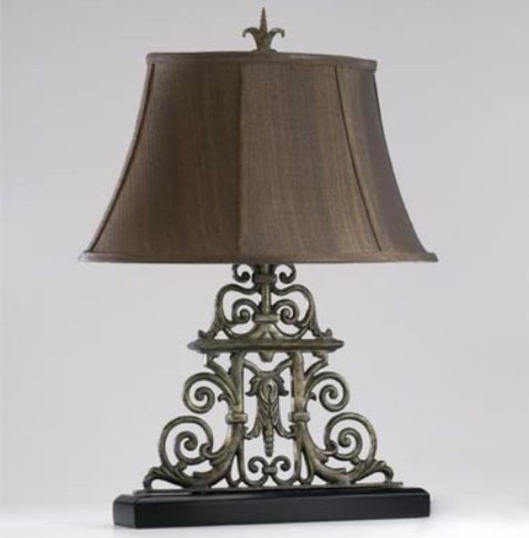  fleur de lis table lamp iron with wood base brown fabric shade fleur