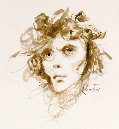  and antique watercolor on paper portrait of woman, signed Leonor Fini