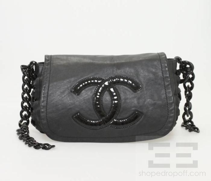  Black Leather Patent Monogram Modern Chunky Chain Flap Handbag