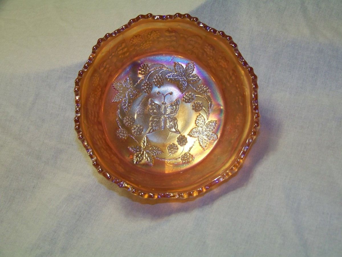 Fenton Carnival Glass Butterflies and Black Berries Footed Bowl