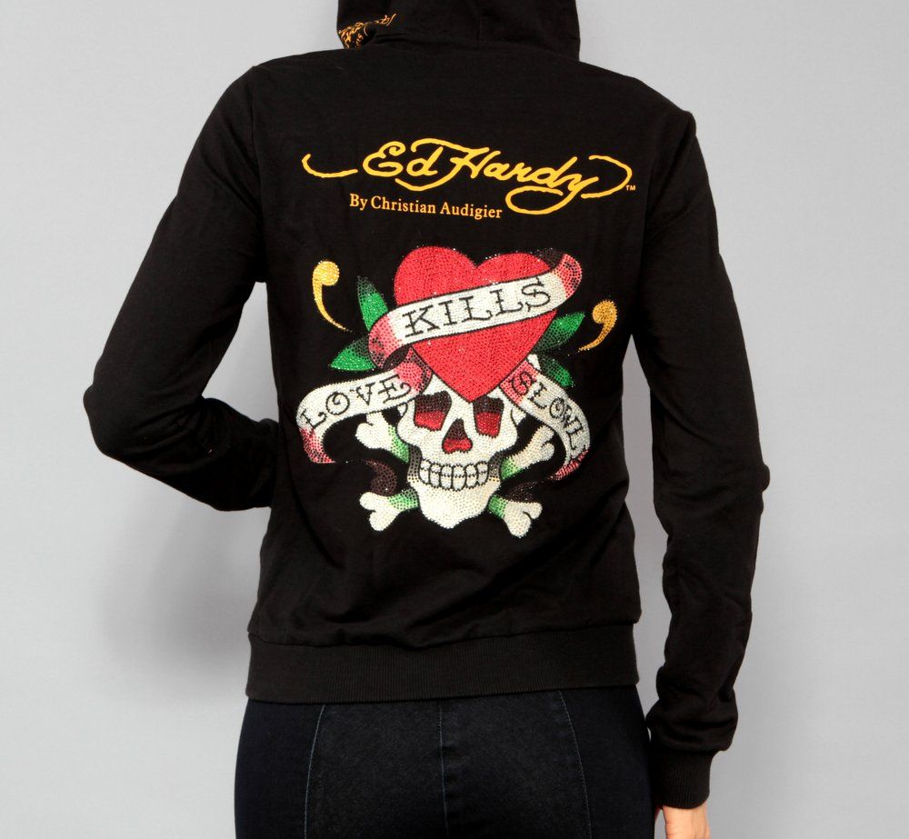 Womens Ed Hardy Christian Audigier Love Kills Slowly Rhinestone Hoodie