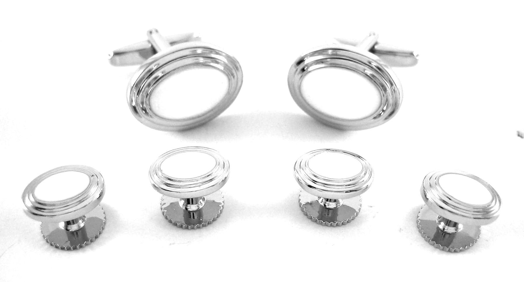 Silver White Layered Oval Formal Cufflinks Studs Sets