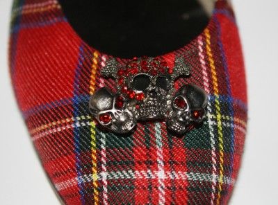 Womens Designer Shoes FS/ NY French Sole GRAVE Flats Red Tartan Skull