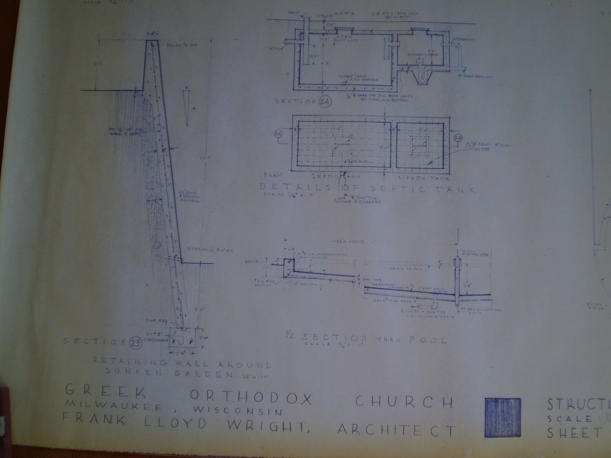 FRANK LLOYD WRIGHT ORIGINAL PERIOD BLUEPRINT GREEK CHURCH 1956 SHEET N