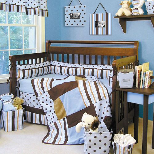  Brown Polka Dot Baby Boy Infant 4 PC Nursery Crib Bedding Set