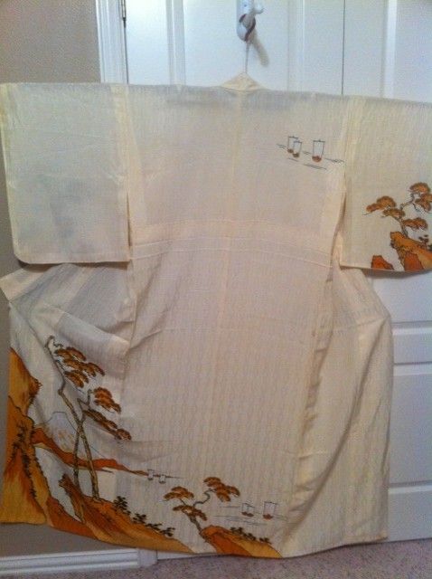   OBI Antique Japanese Cream Tsukesage Houmongi Kimono Fuji Trees Boat