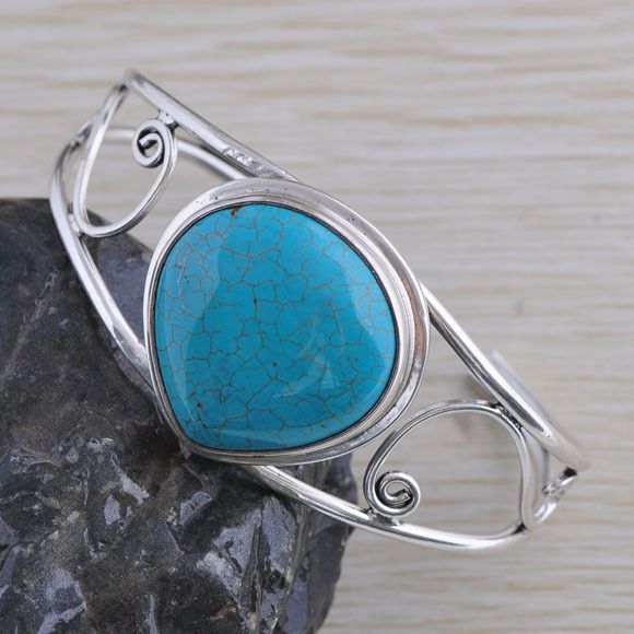 WONDERFUL FANCY BLUE TURQUOISE GEMSTONE 925 SILVER CUFF BRACELET